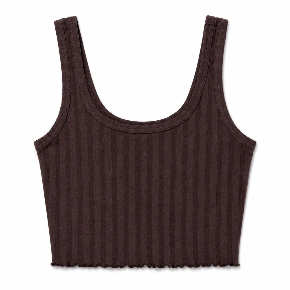 OFFLINE By Aerie Tank Top Women Small Brown Ribbed Cropped Scoop Neck Knit NWOT